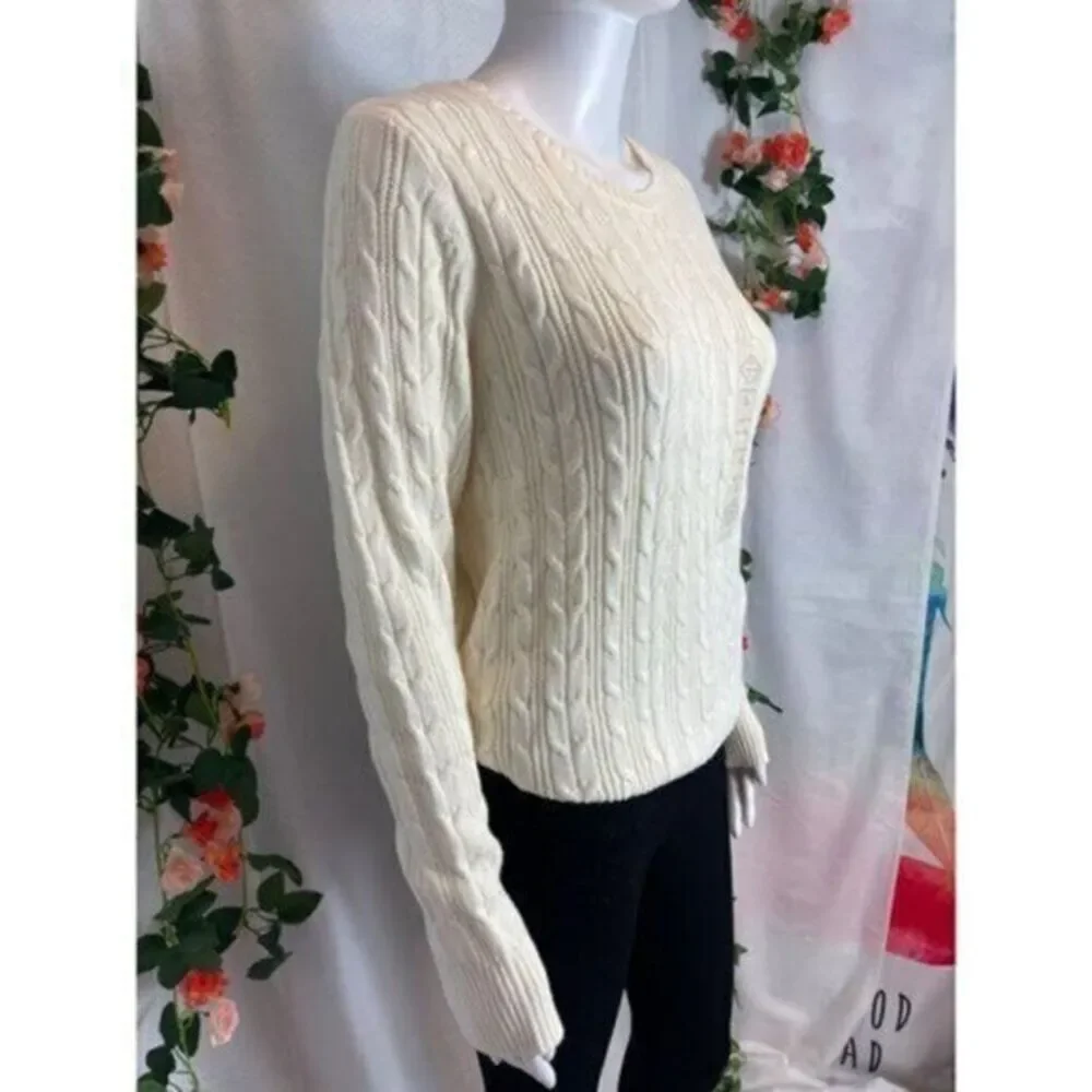 St Johns Bay Cream‎ Cotton Blend Crew Neck Cable Knit Sweater Size L